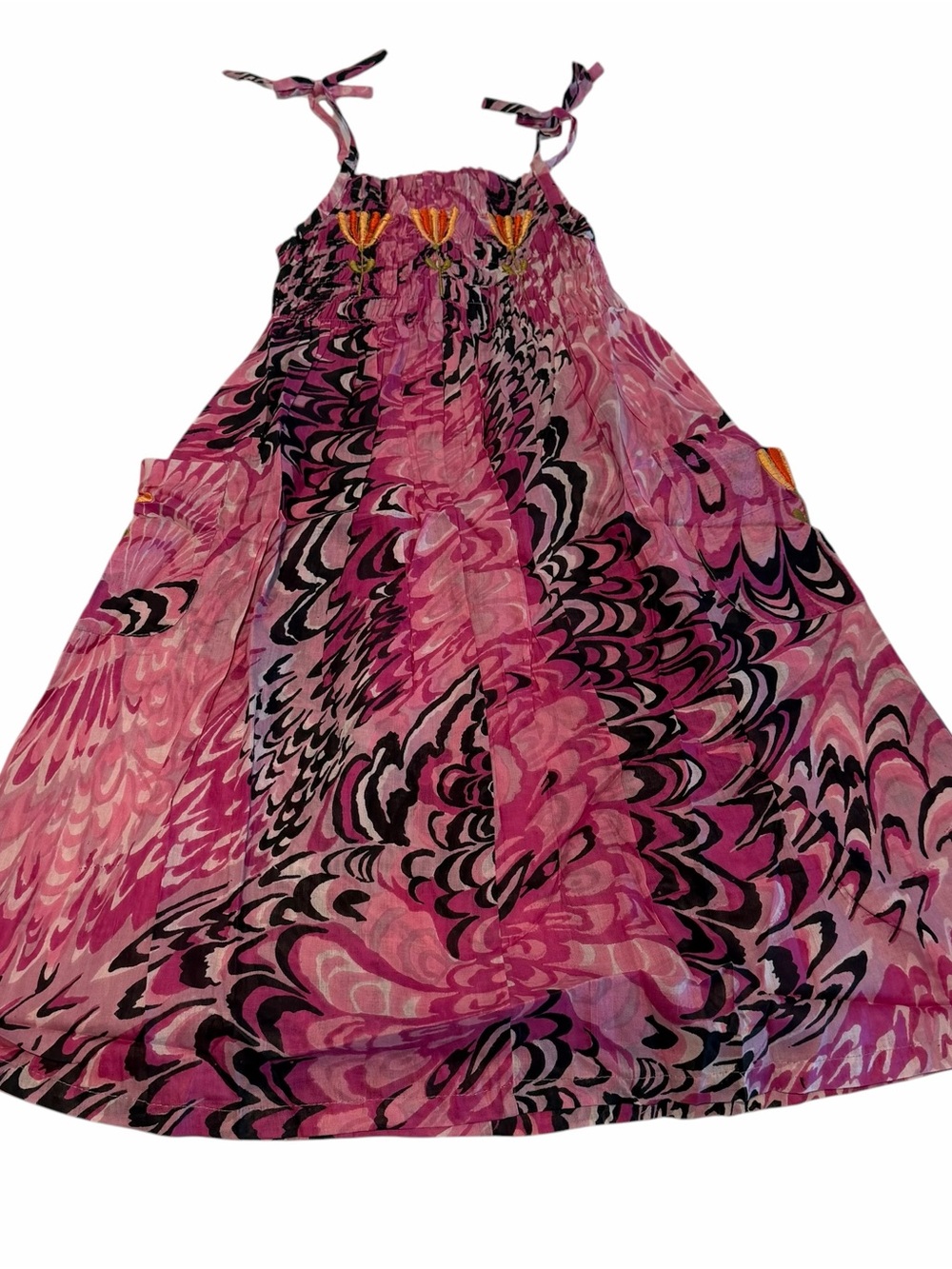 Raj Kids Pink Boho Tie Strap Dress Size 4-5 Floral Smocked Summer